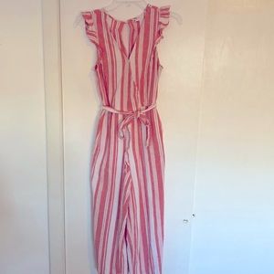 Red and white sleeveless jumpsuit